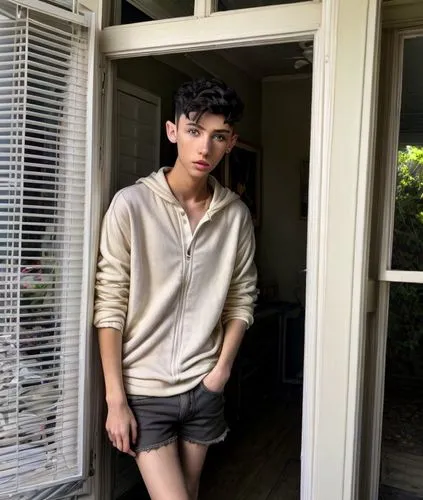 troye sivan, buzz cut, low fade, short hair, youth adult, xs, man, black hair, uhd, 4k, hyper realistic,detailed hands ,detailed eyes,detailed hair,in shorts,shorts,long legs,skort,male model,jean sho