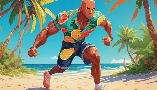 Fruit punch man, muscular body, bright colorful fruit patterned shirt, blue denim shorts, sporty sneakers, energetic pose, punching gesture, dynamic movement lines, tropical beach setting, palm trees 