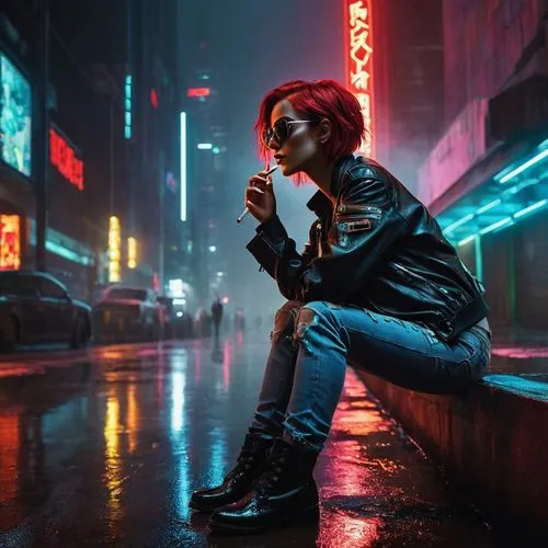 cyberpunk,neon coffee,smoking girl,transistor,neon lights,neon light,taipei,aesthetic,tokyo,grunge,urban,80s,cigarette,persona,retro woman,in the rain,vapor,neon drinks,renegade,victoria smoking,Illustration,American Style,American Style 08