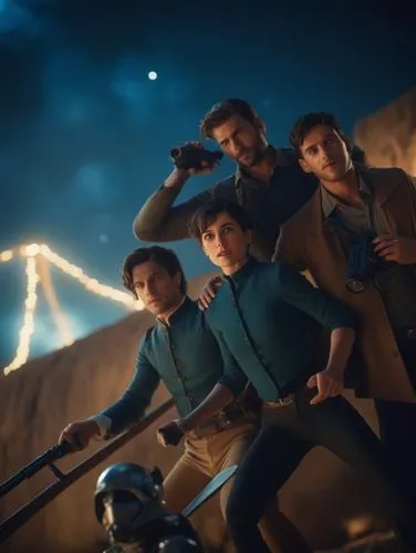  a live action movie scene,a  scene with three men wearing blue clothing, standing on a field,pyrotechnicians,explorers,demigods,moonlighters,musketeers,smeezingtons,Photography,General,Cinematic