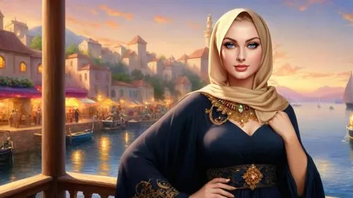 Romantic masterpiece oil painting, beautiful curvy woman portrait, tight abaya dress, nostalgic 1950's style kitsch, breathtaking beautiful epic vast landscape, majestic scenery, harbor marketplace, h