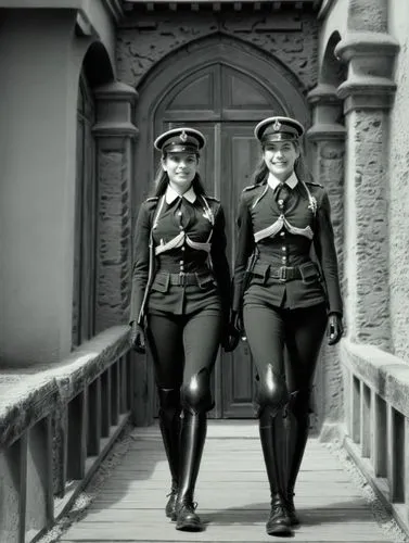 Black and white high resolution photography: The female soldiers walk side by side and appear relaxed, despite being in a military environment. They exchange warm smiles, showing their close friendshi