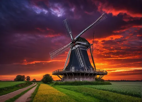 Picture a windmill standing proudly against a dramatic sunset sky in the Dutch countryside.,dutch windmill,the windmills,windmill,windmills,wind mill,the netherlands,netherlands,holland,dutch landscap