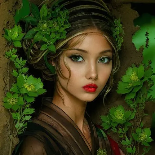 a woman in dress is standing under leaves,fantasy portrait,background ivy,girl in a wreath,fantasy art,faery,saria,Illustration,American Style,American Style 12