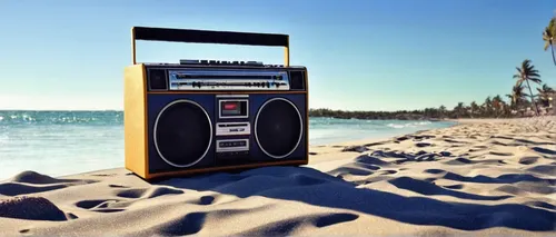 Describe a boom box playing upbeat music on a sunny beach.,boombox,sundown audio,audio player,tube radio,digital bi-amp powered loudspeaker,bass speaker,beautiful speaker,jukebox,music system,singing 