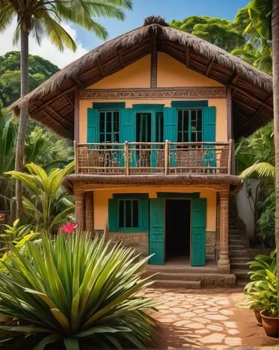 Madagascar traditional house, wooden structure, thatched roof, vibrant colorful walls, intricate carvings, ornate doorways, clay tiles, stone foundation, lush green surroundings, tropical plants, palm