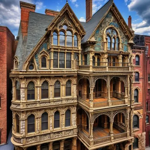 19th century, Victorian-era architecture, grandiose building, intricate stone carvings, Gothic spires, stained glass windows, ornate ironwork balconies, rusticated stone walls, mansard roof, asymmetri