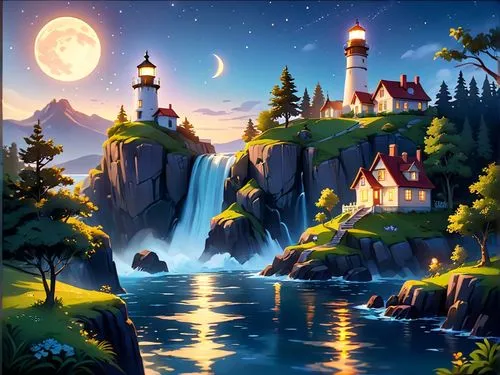 瀑布，灯塔，房子，树，星星，月亮,fantasy landscape,fantasy picture,cartoon video game background,landscape background,children's background,lighthouse,night scene,moonlit night,moon and star background,fairy tale cas