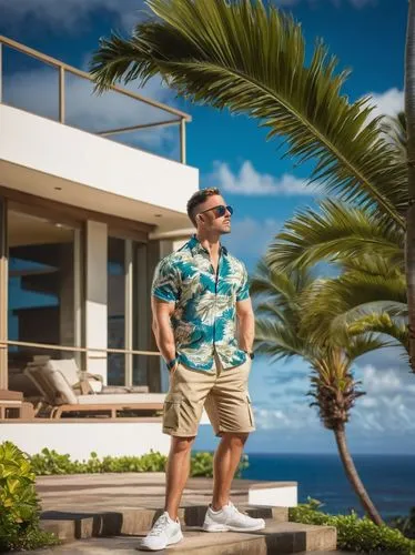 Male photographer, 30s, muscular, fit, athletic build, short hair, sunglasses, Hawaiian shirt, khaki pants, sneakers, camera equipment, tripod, Hawaii architecture, modern villa, luxurious mansion, tr