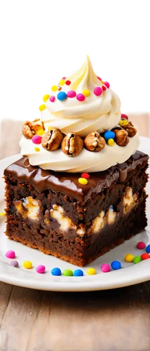 Brownie, square shape, golden brown color, rich chocolate aroma, moist texture, walnuts on top, creamy white frosting, colorful sprinkles, ceramic plate, warm lighting, shallow depth of field, 3/4 com