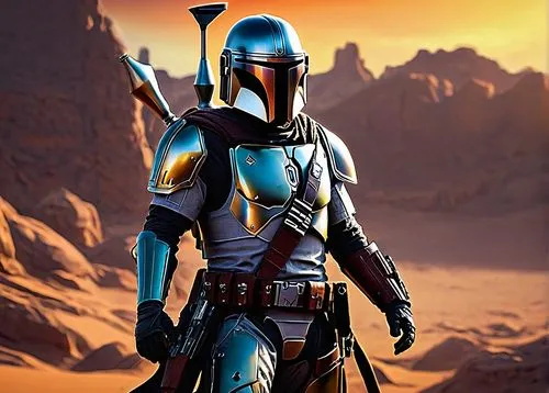 boba fett,alien warrior,boba,spartan,lone warrior,knight armor,templar,erbore,republic,desert background,the wanderer,clone jesionolistny,crusader,assassin,guards of the canyon,merzouga,darth wader,mercenary,cg artwork,droid,Illustration,Paper based,Paper Based 04