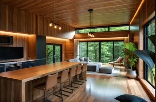 wood casework,modern kitchen interior,modern kitchen,interior modern design,mid century house,bohlin,kitchen design,cabin,paneling,prefab,cabinetry,timber house,forest house,contemporary decor,kitchen interior,hardwood floors,hardwood,the cabin in the mountains,modern decor,wooden windows