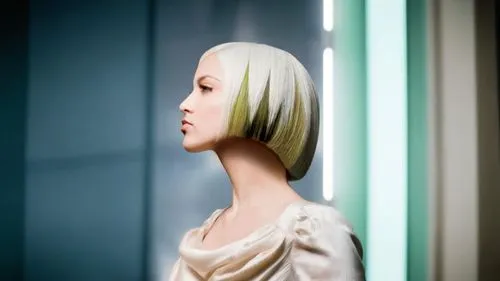 the long-hair cutter,pixie-bob,bob cut,art deco woman,white lady,mannequin,asymmetric cut,violet head elf,artist's mannequin,artificial hair integrations,dahlia white-green,short blond hair,tilda,mani