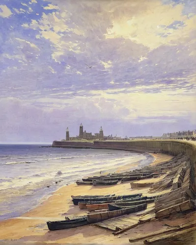 Seascape Painting - Tynemouth Pier by Alfred William Hunt,tynemouth,beach landscape,coastal landscape,landscape with sea,northumberland,maspalomas,whitby,bamburgh,sea landscape,seaside view,la serena,