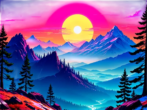 mountain sunrise,dusk background,landscape background,alpine sunset,mountain landscape,colorful background,mountains,retro background,purple landscape,mountain scene,cartoon video game background,art background,mountainous landscape,sunburst background,mountain range,mountain world,mountain,3d background,futuristic landscape,color background,Conceptual Art,Sci-Fi,Sci-Fi 27