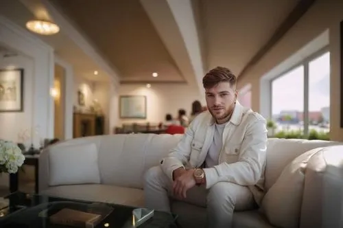 en el salon de su casa,ceo,real estate agent,wedding suit,white clothing,lion white,danila bagrov,the groom,male model,sitting on a chair,villas,white coat,the suit,hotel man,pianist,content is king,m