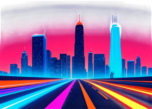 colorful city,city highway,motorcity,neon arrows,cityscape,cybercity,retro background,superhighways,city skyline,skyline,city trans,polara,neons,chicago skyline,80's design,city,highway lights,night highway,cities,skylines,Illustration,Vector,Vector 19