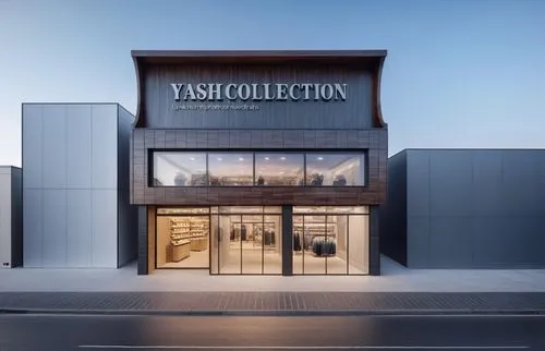 a commercial clothing store, cladded with composite panels, a footpath at front with traffic and humans, buinding in backdrop,a building with lots of windows and lights on it,fashion street,fashionmal