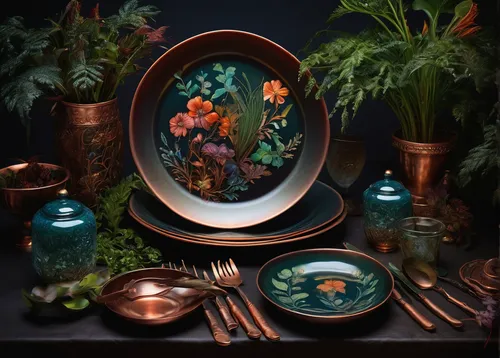 copper cookware,copper utensils,chinaware,vintage dishes,tableware,dinnerware set,decorative plate,earthenware,vintage china,dishware,china cabinet,plate shelf,water lily plate,tablescape,tabletop photography,wooden plate,vintage botanical,still life photography,stoneware,still life of spring,Photography,Artistic Photography,Artistic Photography 02