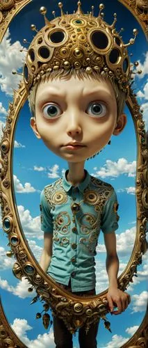 looking glass,marionette,magic mirror,doll looking in mirror,the mirror,mirror of souls,parabolic mirror,pinocchio,surrealism,baron munchausen,fractalius,surrealistic,cirque du soleil,child's frame,rococo,anthropomorphic,crystal ball,angelica,orrery,anthropomorphized