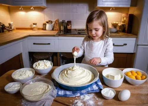 A 5-year-old girl לבושה שרוולים ארוכים, whips קצפת for a cake, next to the bowl is white cheese, baking powder, קליפות ביצים, oil and cornflour,citrus bundt cake,girl in the kitchen,pavlova,meringue,s