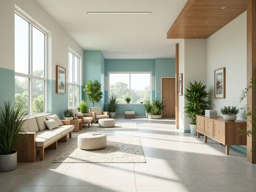 \Soothing healthcare center, calming color palette, pastel shades, gentle blues, soft greens, creamy whites, warm beige tones, natural wood accents, comfortable seating areas, lush green plants, large