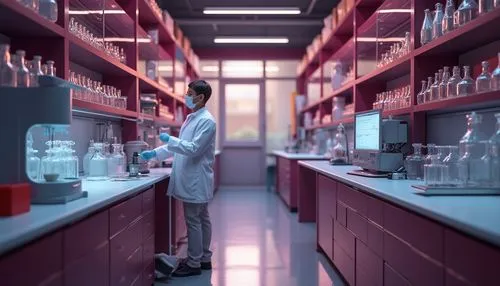 Modern laboratory, plum color accents, sleek metal equipment, futuristic machines, transparent glass containers, rows of wooden shelves, subtle warm lighting, soft focus, 3/4 composition, shallow dept