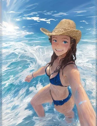 a selfie full body of a young caucasian girl 23 years old, brown hair, blue eyes and a confident expression, wearing a black bikini and a Panama hat walking in the beach whit the feet in the water  at