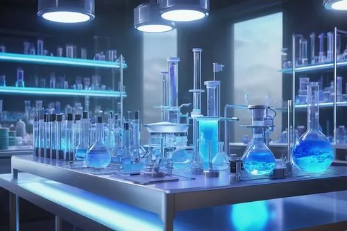 Stable diffusion, futuristic laboratory, sci-fi setting, glass containers, beakers, test tubes, Petri dishes, microscopes, high-tech equipment, metallic tables, LED lights, soft blue glow, foggy atmos