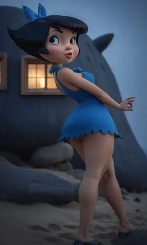 premiada foto realista de Betty Rubble, da era dos homens das cavernas, Os Flintstone, idade da pedra, de corpo Pernas grossas, Lindas e torneadas, cabelo curto, laço de cabelo, na praia, vestindo um 