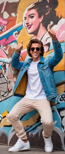 Fonzie, happy, energetic, thumbs up, iconic "ayyyy" expression, sunglasses, messy brown hair, casual wear, blue denim jacket, white t-shirt, ripped jeans, sneakers, skateboarding, dynamic pose, city s