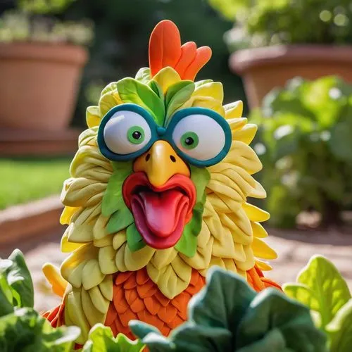 amused chicken, curious expression, bright eyes, few feathers ruffled, green lettuce leaf, fresh vegetable, garden setting, sunlight filtering through trees, warm atmosphere, shallow depth of field, b