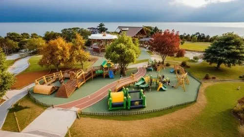 concrete stone path masonry,a playground area with various slides and play equipment,play area,children's playground,playgrounds,playground,discovery park,loro park