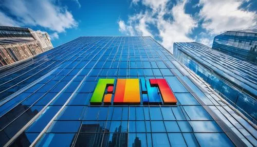 Logo swap, modern office building, glass exterior, metallic frame, busy street, cityscape, skyscrapers in background, sunny day, blue sky with few clouds, two giant screens displaying swapped logos, c