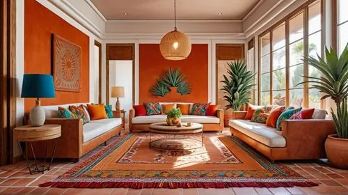 Modern Mexican Interior Design, Living Room, vibrant Mexican textiles, rustic terracotta tiles, lush indoor agave
,the living room with orange walls is decorated in asian decor,sitting room,livingroom