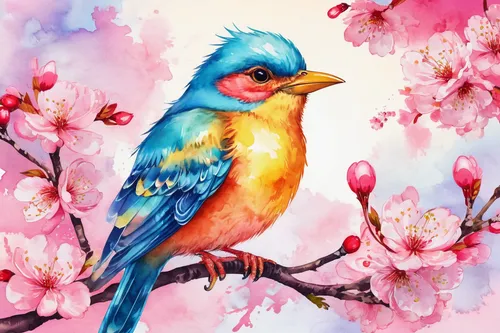 bird painting,blue birds and blossom,flower and bird illustration,spring bird,spring background,springtime background,bird illustration,bird flower,watercolor bird,beautiful bird,spring leaf background,japanese sakura background,colorful birds,colored pencil background,pink robin,colorful background,bird drawing,floral background,nature bird,flower painting,Illustration,Vector,Vector 19