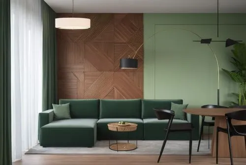 living room, green half wall behind the sofa, black dining chairs,limewood,intensely green hornbeam wallpaper,modern decor,contemporary decor,foscarini,bentwood,mid century modern,greenhaus,danish fur