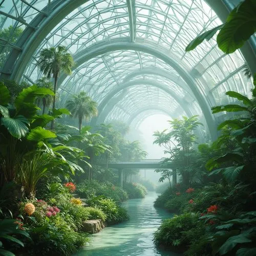 Futuristic greenhouse, lush tropical plants, misty atmosphere, iridescent glass panels, curved metal frameworks, sleek minimalistic design, sustainable energy harvesting systems, solar panels, wind tu