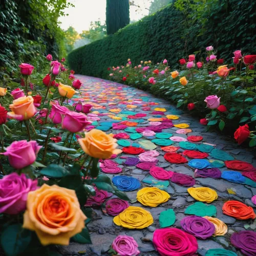 Imagine a romantic scene where colorful roses are scattered on a sunlit path.,flower carpet,colorful roses,flower wall en,rose garden,floral rangoli,flower border,flower garden,blooming roses,flower c