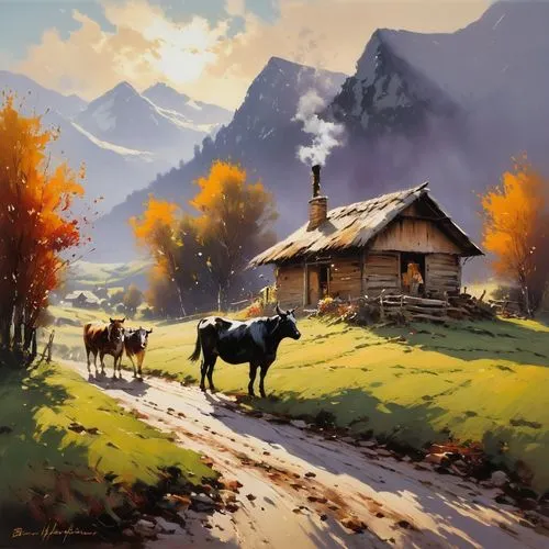 A mesmeric morning in a village cattle farmer hut smoke ,autumn landscape,autumn mountains,rural landscape,mountain scene,alpine landscape,mountain village,mountain pasture,fall landscape,alpine pastu