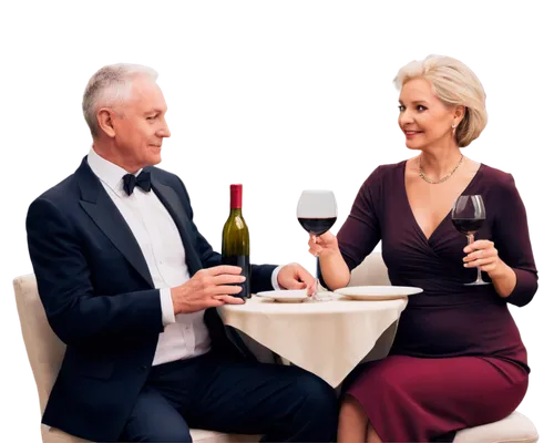 Mature couple, sitting, wine glasses, red wine, white wine, wine bottle, candlelight, soft music, intimate atmosphere, elegant attire, man's suit, woman's evening dress, necklace, earrings, romantic d