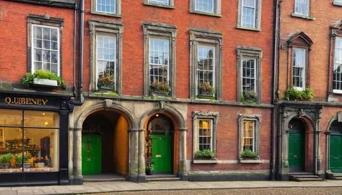 Dublin Ireland architecture, Trinity College, Georgian style building, grand entrance, stone columns, intricate carvings, ornate facades, red brick walls, green copper roofs, vibrant colorful doors, c