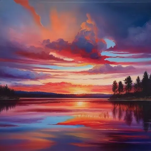 incredible sunset over the lake,landscape background,oil painting on canvas,painting technique,art painting,evening lake,river landscape,oil painting,landscape red,nature landscape,panoramic landscape