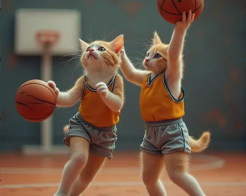 Two kittens in basketball uniforms shooting baskets on the court, displaying athleticism and teamwork in a competitive style, Nikon a600,two small cats in matching clothes, one is shooting a basketbal