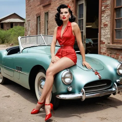 a ad poster with; 1980s style pin up girl posing before a shiny 1950s U.S. sports car, the old, dirty, grumbled advertising poster is hanging torn at an old brownstone wall in the dirty old show room 