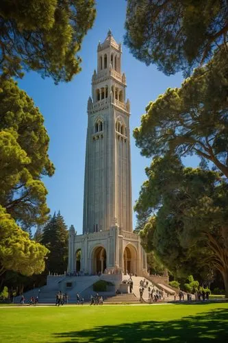 UC Berkeley Sather Tower, Beaux-Arts style, grandiose, historic building, intricate stone carvings, ornate details, warm beige color, sprawling green lawn, sunny day, California landscape, distant hil