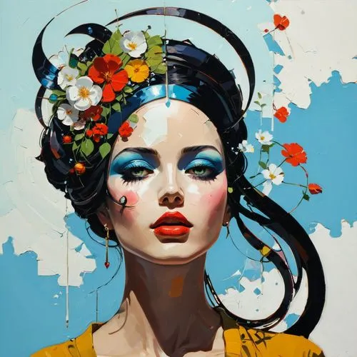 viveros,geisha girl,girl in flowers,geisha,rankin,nielly,Conceptual Art,Oil color,Oil Color 07