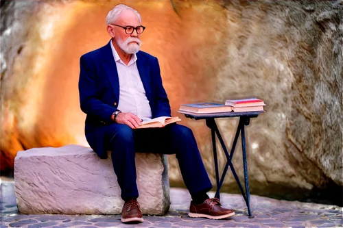 Thinker, philosopher, old man, white beard, wrinkled face, deep eyes, glasses, book in hand, sitting on stone bench, crossed legs, worn shoes, warm lighting, shallow depth of field, cinematic composit