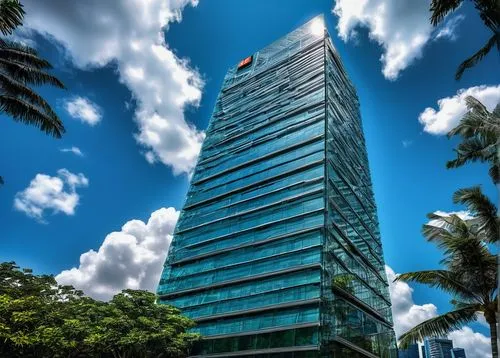 Singapore 21057 Building Set, Lego Architecture, modern skyscraper, sleek lines, glass facade, steel structure, urban landscape, cityscape, tropical trees, sunny day, blue sky, clouds, reflection on g