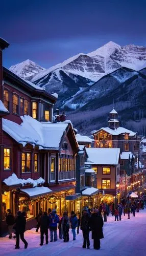 Telluride, mountainous landscape, Victorian-era inspired buildings, intricately designed wooden facades, ornate iron railings, rustic stone walls, steeply pitched roofs, vibrant colors, bold architect